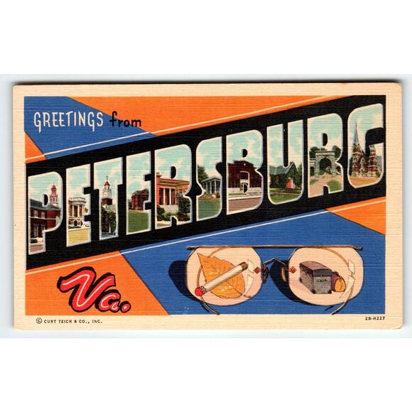 Greetings From Petersburg Virginia 1940's Postcard Large Letter Linen Curt Teich - Picture 1 of 2
